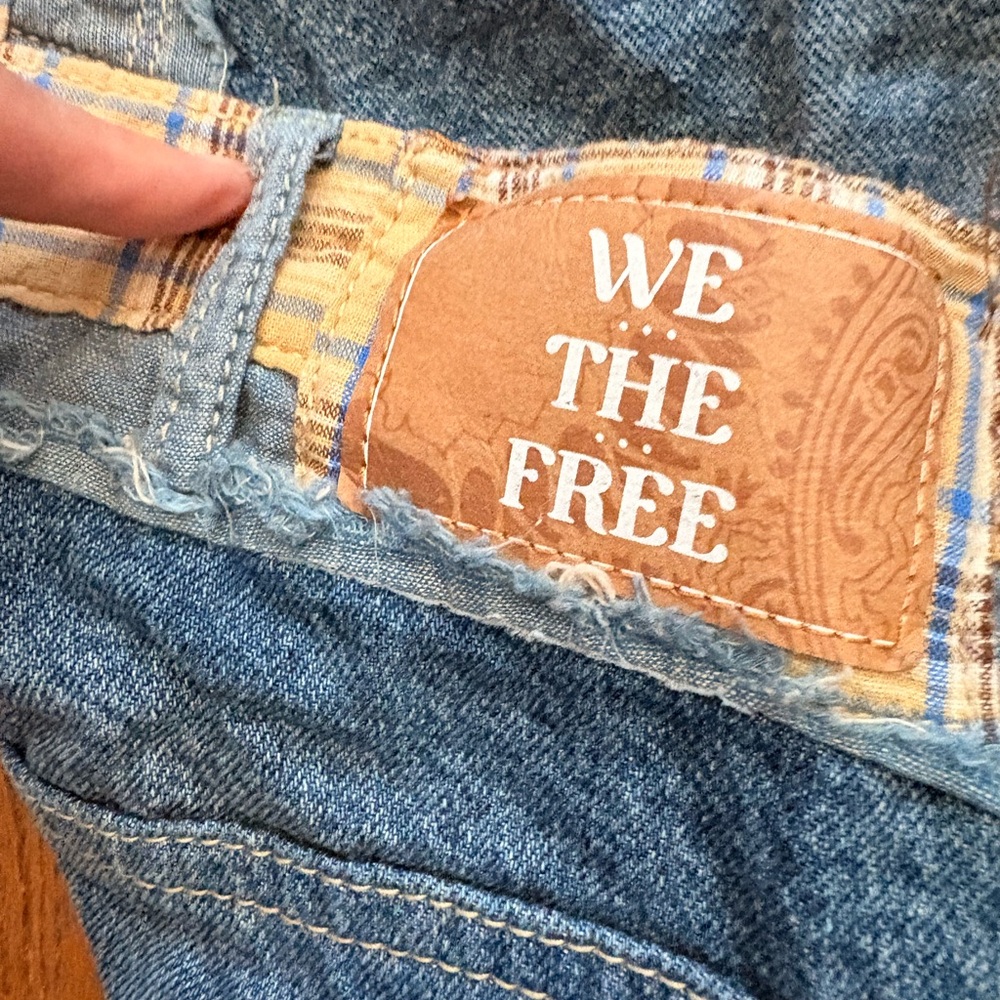 Free People Blue Distressed Patchwork Jeans with Plaid Accents - Picture 7 of 9